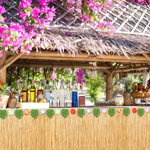 Vista 6 de Aodaer Paquete de 4 faldas hawaianas de mesa de hierba de 108 x 30 pulgadas, falda de mesa Luau con paja, decoración de fiesta temática hawaiana