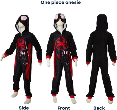Vista 4 de Marvel Pijama de Spiderman para niños, disfraz de Spiderman con capucha de Miles Morales o para dormir con cremallera frontal, tallas 4-10