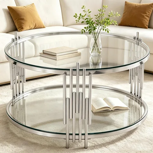 Vista 17 de SSLine Round 2-Tier Glass Coffee Table with Gold Stainless Steel Frame