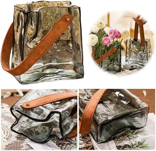 Vista 6 de Jarrón de cristal para flores, jarrones transparentes para centros de mesa, florero de bolsa con mango de cuero para decoración de bodas