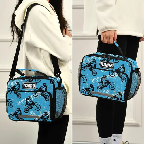Vista 5 de Bolsa de almuerzo azul personalizada para vehículos deportivos de motocross, para niños, niñas, niños, bolsas de almuerzo personalizadas con tu