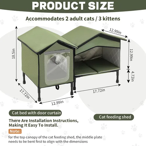 Vista 3 de Casa para gatos al aire libre con estación de alimentación para gatos, refugio elevado impermeable y aislado para mascotas, con puerta de solapa