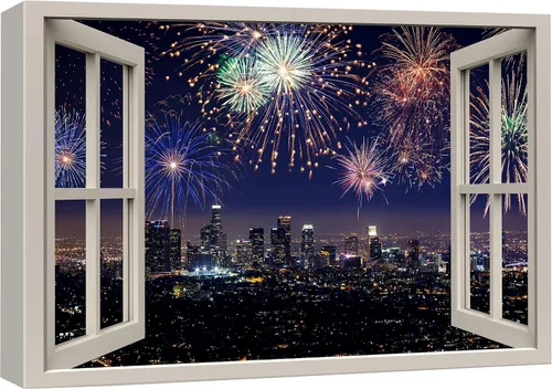 Vista 55 de wall26 - Cuadro en lienzo para pared, vista de ventana, celebración del 4 de julio, fuegos artificiales en el puerto de NYC, celebraciones