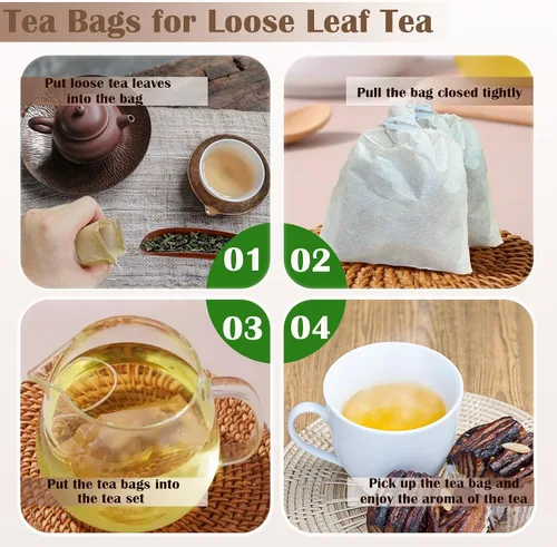 Vista 3 de Bolsas de té para té de hojas sueltas - Mini bolsas de té vacías, bolsa de filtro desechable, bolsa vacía con cordón biodegradable y compostable