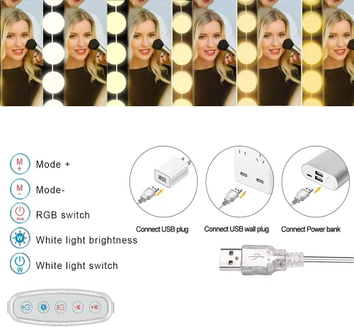 Vista 4 de Luces de tocador de maquillaje para espejo, luces LED estilo Hollywood con 14 bombillas regulables