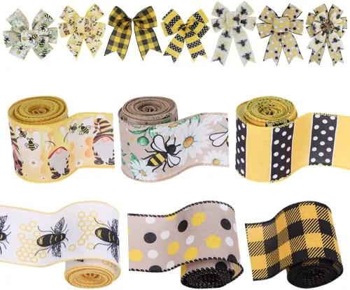 Vista 7 de 6 rollos de cinta de abeja de 30 yardas, cinta de borde con cable, cinta de miel para envoltura de manualidades de primavera y verano, rayas de 2.5