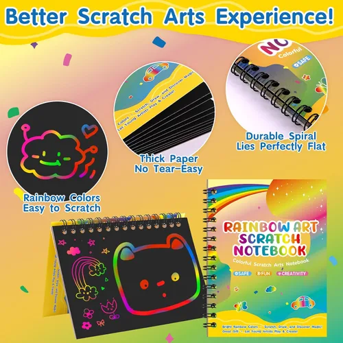 Vista 2 de YSCare Artículos de Fiesta de Arte de Rascar para Niños: 16 Pack Cuaderno de Arte de Rascar Arcoíris, Kit de Manualidades y Artesanías, Bolsas