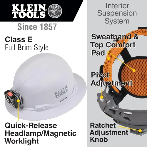Vista 2 de Klein Tools 60406RL - Casco duro, linterna frontal recargable, sin ventilación, estilo de ala completa, acolchada, auto-absorbente, resistente al