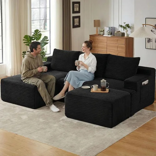 Vista 30 de Sofá seccional Cloud de 96 pulgadas, sofá deshuesado para sala de estar, sofá modular con asiento profundo, sofá de pana cómodo y esponjoso con Negro