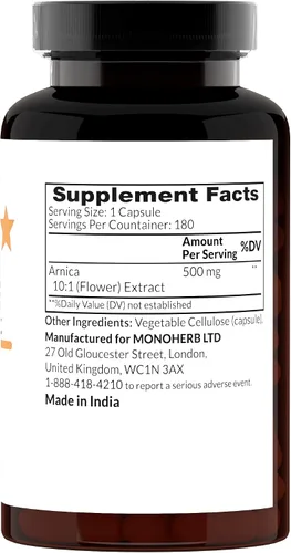 Vista 2 de MONOHERB Extracto de árnica 10:1 - 500 mg por cápsula - 180 cápsulas - 180 porciones.