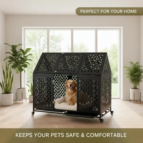 Vista 8 de Jaula indestructible para perros con divisor – Perrera de interior resistente de 52 pulgadas para perros grandes, jaula de acero XL con doble