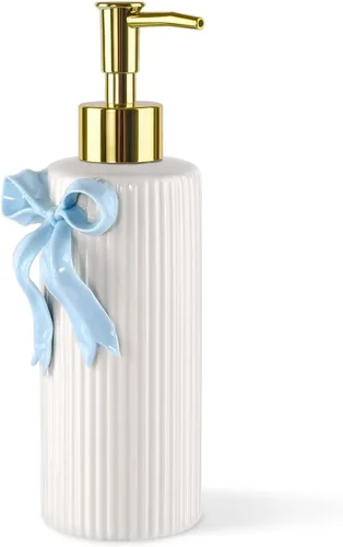 Vista 2 de Dispensador de jabón de cerámica hecho a mano, dispensador de líquido de loción para manos, recargable para decoración de cocina y baño (azul cinta)