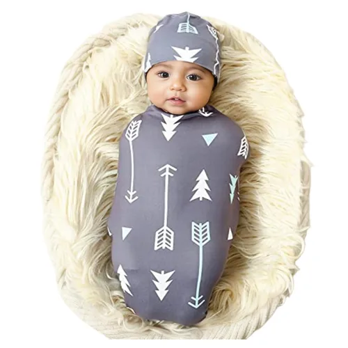 Vista 7 de Galabloomer Manta Envolvente para Recién Nacido con Conjunto de Gorro Bebé Niño Manta de Recepción Gris con Flechas