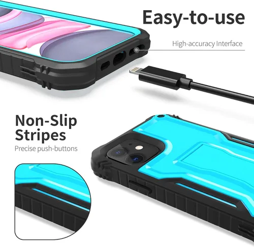 Vista 2 de ExoGuard Funda para iPhone 11, funda de goma a prueba de golpes, protector de pantalla integrado con soporte para iPhone 11 de 6.1 pulgadas (azul)