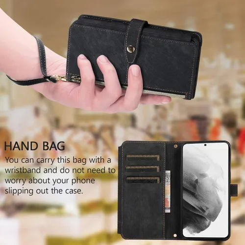 Vista 7 de UEEBAI Funda para iPhone XR, 9 ranuras para tarjetas, cartera de cuero retro, a prueba de golpes, con correa de mano, ranuras para tarjetas Negro