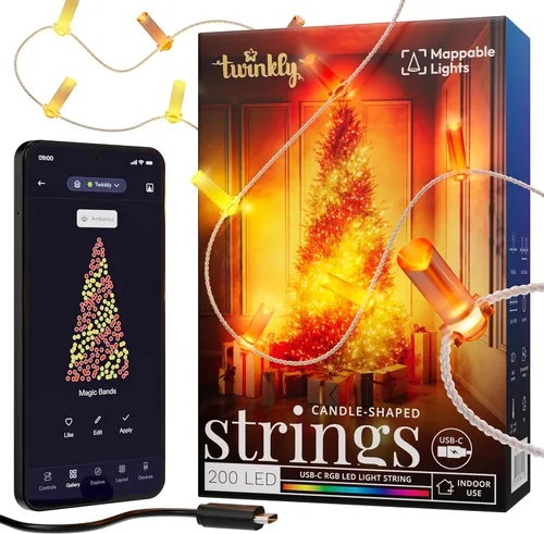 Vista 16 de Twinkly Strings - Cadena de luces en forma de vela USB-C con 100 LED RGB, 20 pies. Cable verde. Controlado por aplicación. Alimentado por USB-C.