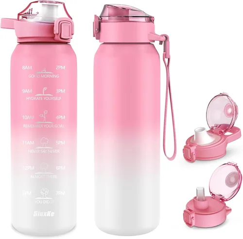 Vista 8 de SLUXKE Botella de agua aislada de acero inoxidable de 32 onzas con asa, botella aislada de doble pared de 1 litro con marcador de tiempo libre