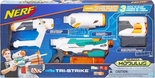 Vista 2 de Nerf Modulus Tri-Strike Blaster, Cañón Mega, Lanzacohetes, Cargador, 1 Cohete, Juegos al Aire Libre para Niños (Exclusivo de Amazon)