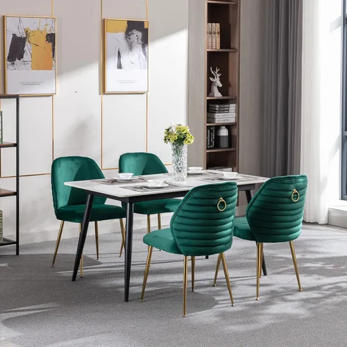 Vista 7 de Juego de 2 sillas de comedor tapizadas, modernas de terciopelo de mediados de siglo con respaldo de ala y patas de metal dorado, cómoda silla