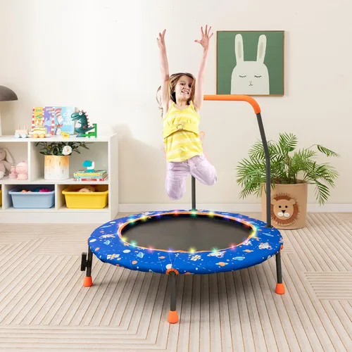 Vista 9 de Goplus Mini trampolín de 36 pulgadas para niños, trampolín para niños pequeños con luces LED, altavoz Bluetooth, mango extraíble, cubierta acolchada