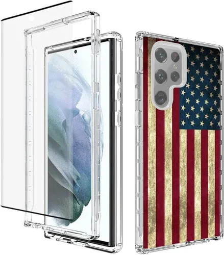 Vista 8 de Funda para Galaxy S22 Ultra 5G SM-S908U con protector de pantalla de vidrio templado, bonito patrón floral transparente, funda protectora de cuerpo
