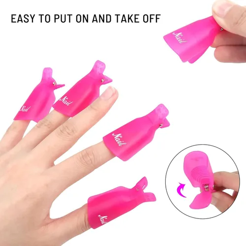 Vista 6 de Kit de removedor de esmalte de uñas de gel con 10 clips de removedor de esmalte de uñas rosa con tapa, botella dispensadora, empujador de cutículas