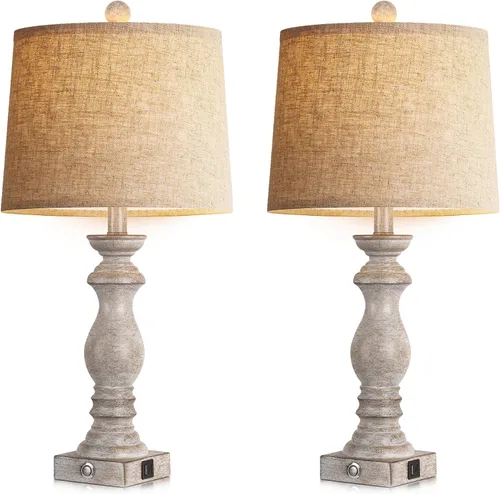 Vista 2 de Juego de 2 lámparas de mesa de 24.5 pulgadas, lámparas de noche rústicas de granja con puertos de carga USB A+C, lámparas de mesa de noche