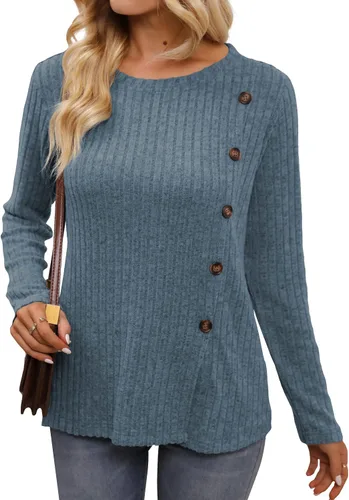 Vista 5 de Funlingo Blusa de manga larga para mujer, estilo casual, cuello en V, holgada, de gasa, para el trabajo