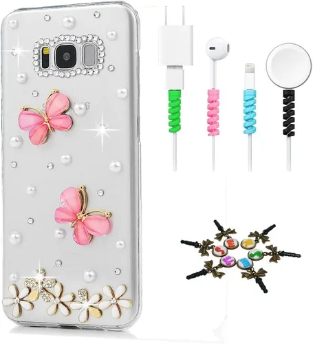Vista 10 de Sparkle Funda compatible con Samsung Galaxy J2 Prime – Elegante funda 3D hecha a mano con diseño floral de mariposas y flores con protector de cable