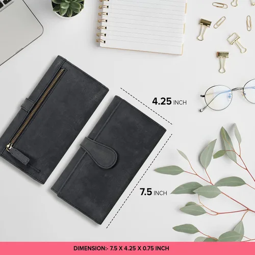Vista 2 de Cartera de cuero real para mujer con bloqueo RFID, diseño triple tarjetero para damas con ventana de identificación
