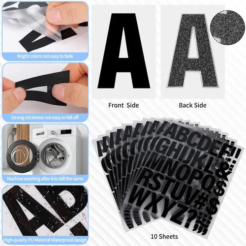 Vista 3 de 10 hojas, 440 piezas de letras termoadhesivas para ropa, letras de transferencia térmica de 2 pulgadas, letras de vinilo negro termoadhesivas