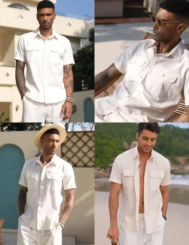 Vista 4 de COOFANDY Camisas de lino con botones para hombre de manga corta, camisa de playa casual