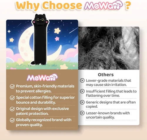 Vista 2 de Almohada larga de felpa negra ultra suave diseñada por artistas de Mewaii, con relleno extra para mayor comodidad, peluche de animal de alta