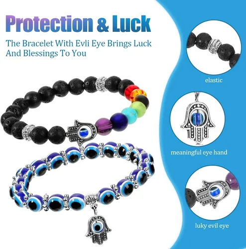 Vista 2 de 2 pulseras de mal de ojo, pulsera de mano de Fátima, pulsera de 7 chakras, pulsera elástica de cuentas contra el mal de ojo, pulsera de piedras