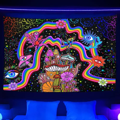 Vista 8 de NiYoung Tapiz Trippy para colgar en la pared, luz negra, arco iris, flores coloridas, ojos, estrellas, plantas mágicas, neón reactivo a los rayos