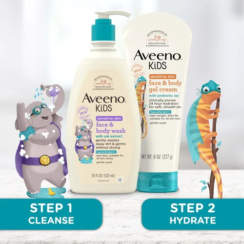Vista 4 de Aveeno Kids Jabón para Cara y Cuerpo para Piel Sensible, Extracto de Avena, Sin Lágrimas, No Reseca, Aroma Ligero, Dispensador de Bomba