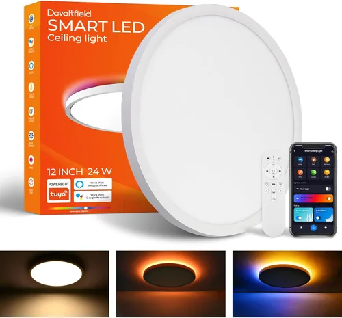 Vista 13 de Lámpara de techo LED regulable con control remoto, 24 W, 2640 lúmenes, 12 pulgadas, luz nocturna cálida de 2000 K y 3000 K-6500 K, moderna lámpara
