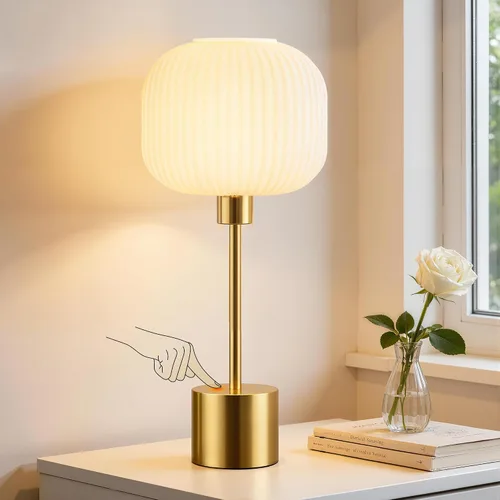 Vista 8 de QiMH - Lámpara de mesa de vidrio para sala de estar, lámpara de mesita moderna con pantalla de vidrio acanalada verde, lámpara de mesita de noche