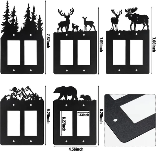 Vista 4 de Lothee 6 piezas de placa de metal para interruptor de luz de oso, alce, árbol, montaña, alce, bosque, placa de salida, cubierta de pared