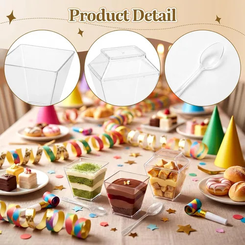 Vista 3 de Oomcu Mini tazas de parfait cuadradas transparentes desechables para yogur, helado, mousse, aperitivos, embutidos, pudín, gelatina, dulces