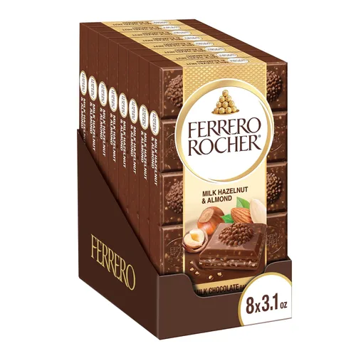 Vista 7 de Ferrero Rocher Chocolate premium, barra de chocolate con leche, relleno de avellana y cacao, ideal para compartir, 8 unidades, 3.1 onzas cada una