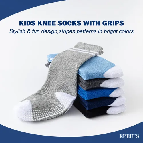 Vista 4 de EPEIUS Calcetines altos hasta la rodilla con agarre antideslizante Toddller Athletic Stripe Team Tube Calcetines para niños y niñas, paquete de 5