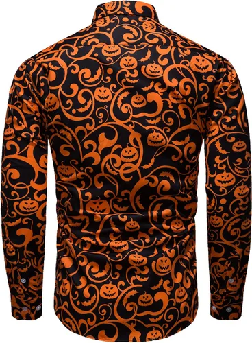 Vista 2 de fohemr Camisa divertida de Halloween para hombre, diseño de calabaza fea, manga larga, casual, con botones, disfraz de adulto para fiesta