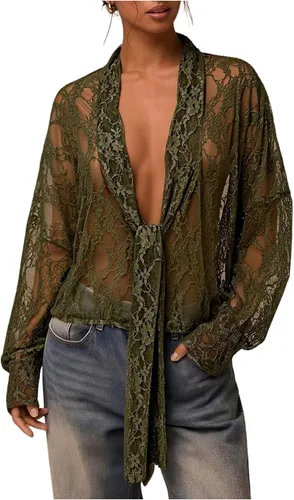 Vista 13 de SOLY HUX Blusa de encaje para mujer, manga larga, malla transparente con lazo frontal Marrón (pure brown)