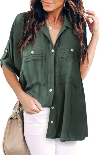 Vista 3 de Astylish Blusa ligera de manga enrollable para mujer, con botones, con bolsillo