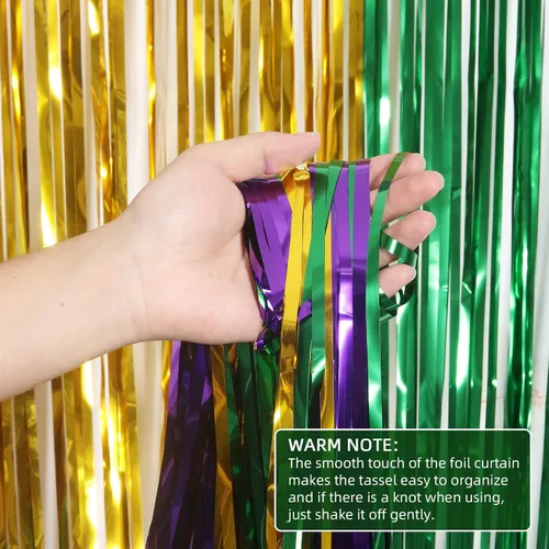 Vista 2 de Paquete de 4 cortinas de flecos de papel de aluminio Mardi Gras de 3.2 x 8.2 pies, cortina de fondo verde dorado y morado, cortina de fondo metálico