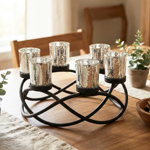Vista 10 de Portavelas de Halloween Decoración de Centro de Mesa – Portavelas de Hierro Metal Negro de 6 Copas para Velas Votivas y de Té para Mesa Espeluznante