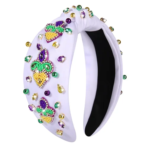 Vista 14 de MOLOCH Diadema de Mardi Gras para mujer, con cuentas moradas, amarillas, verdes, estrellas, diadema anudada, carnaval, joyería de cristal, nudo