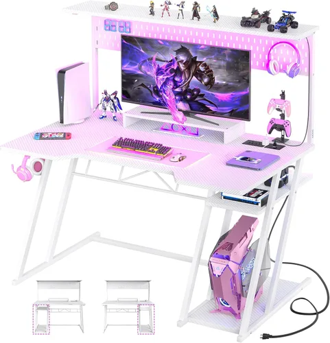Vista 9 de Escritorio para computadora de juegos Armocity con estantes y tomas de corriente, escritorio de juegos con alacena y luces LED, escritorios
