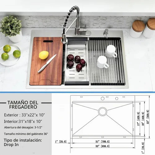 Vista 9 de Estación de trabajo para fregadero de cocina de 33 pulgadas con Acero inoxidable